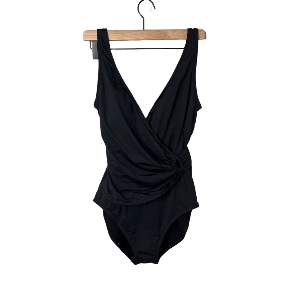 Tommy Bahama Pearl Clara Wrap One Piece Swimsuit Black Size 14 Tummy Control